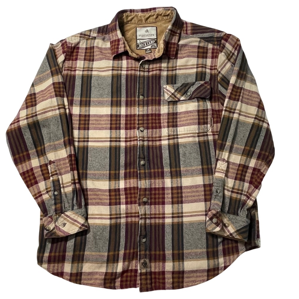 Legendary Whitetails Buck Camp Flannel Shirt Mens L Burgundy Plaid Corduroy Fall